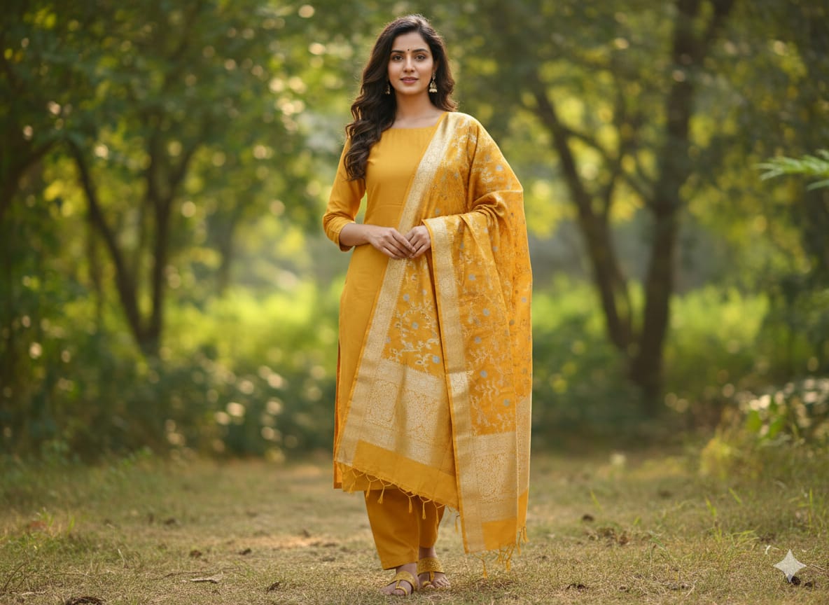 Sunshine Yellow 'Neel-Kamal' Minakari Katan Silk Dupatta