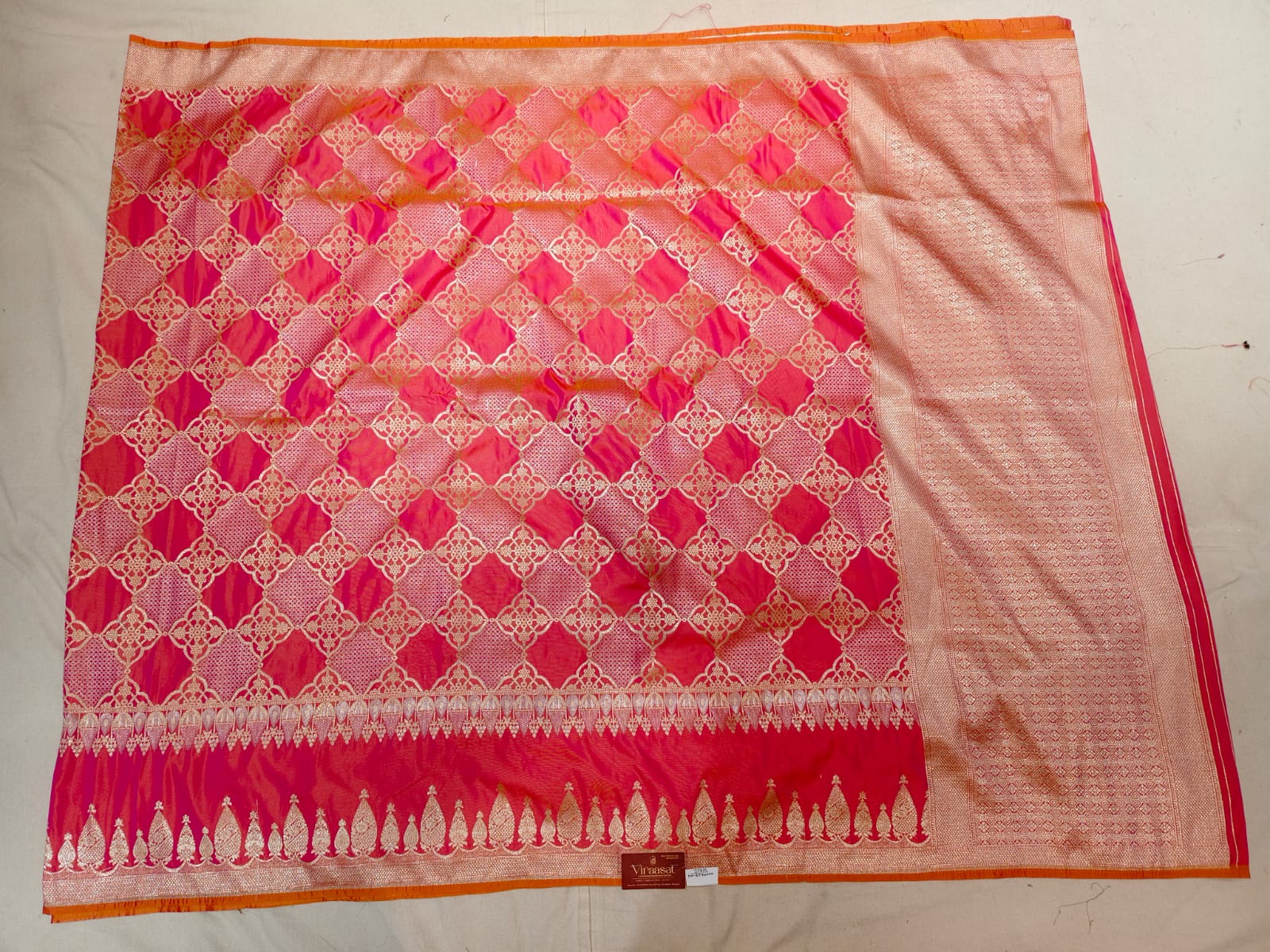 Radiant Rani Pink 'Diamond Lattice' Silver Zari Katan Silk Saree