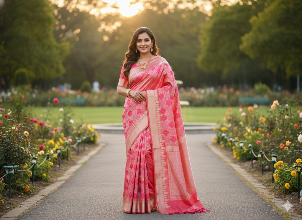 Radiant Rani Pink 'Diamond Lattice' Silver Zari Katan Silk Saree
