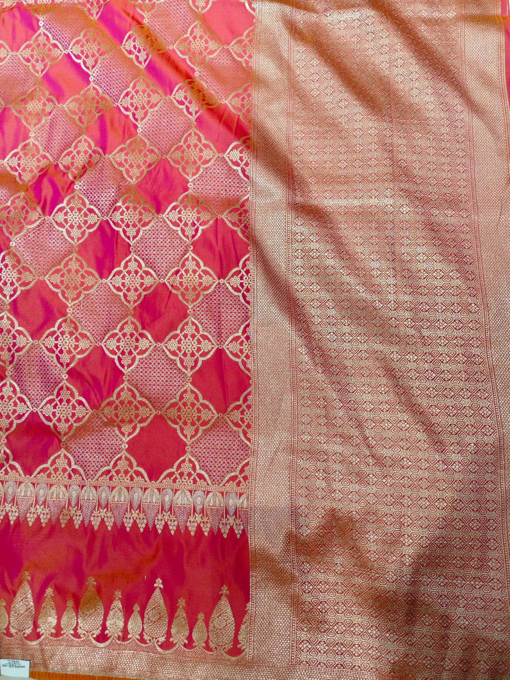 Radiant Rani Pink 'Diamond Lattice' Silver Zari Katan Silk Saree
