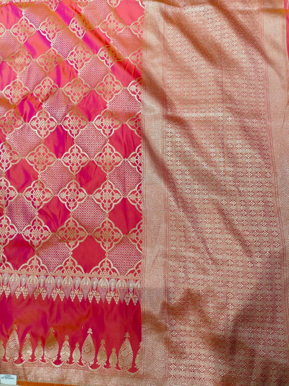 Radiant Rani Pink 'Diamond Lattice' Silver Zari Katan Silk Saree