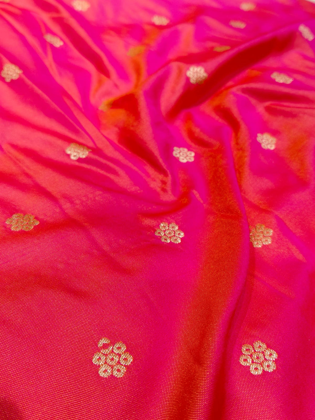 Radiant Rani Pink 'Diamond Lattice' Silver Zari Katan Silk Saree