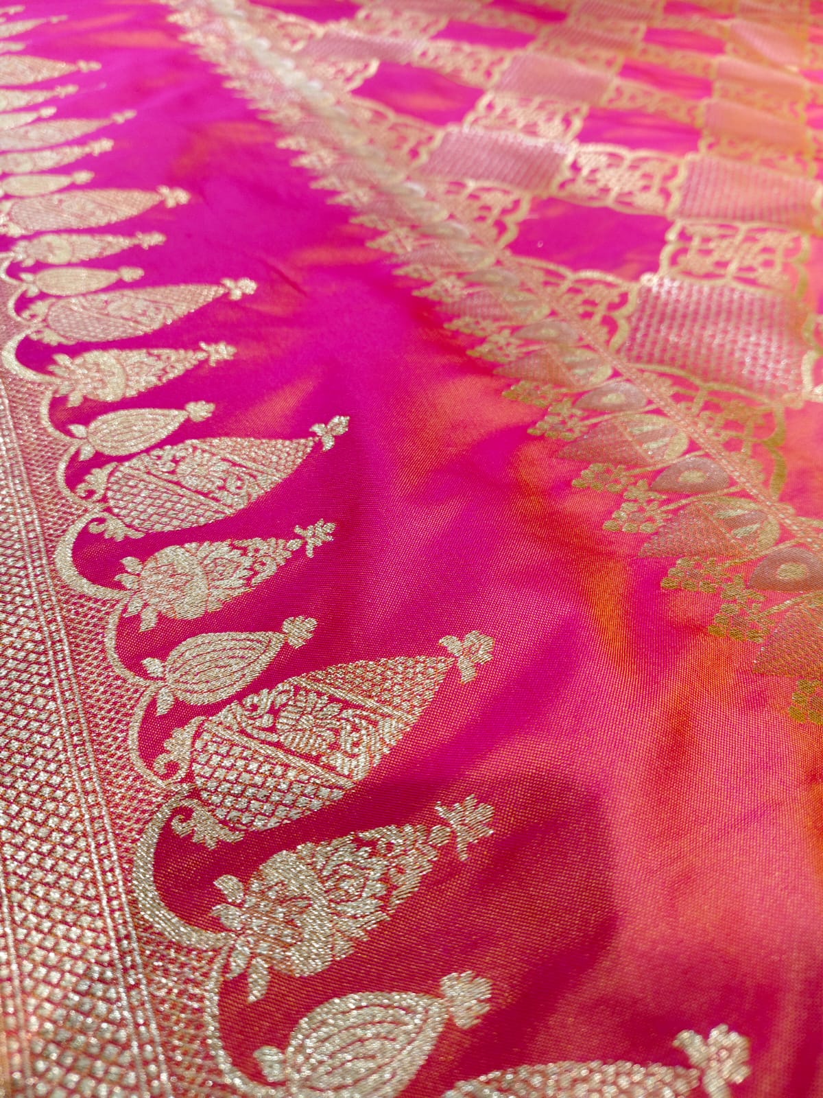 Radiant Rani Pink 'Diamond Lattice' Silver Zari Katan Silk Saree