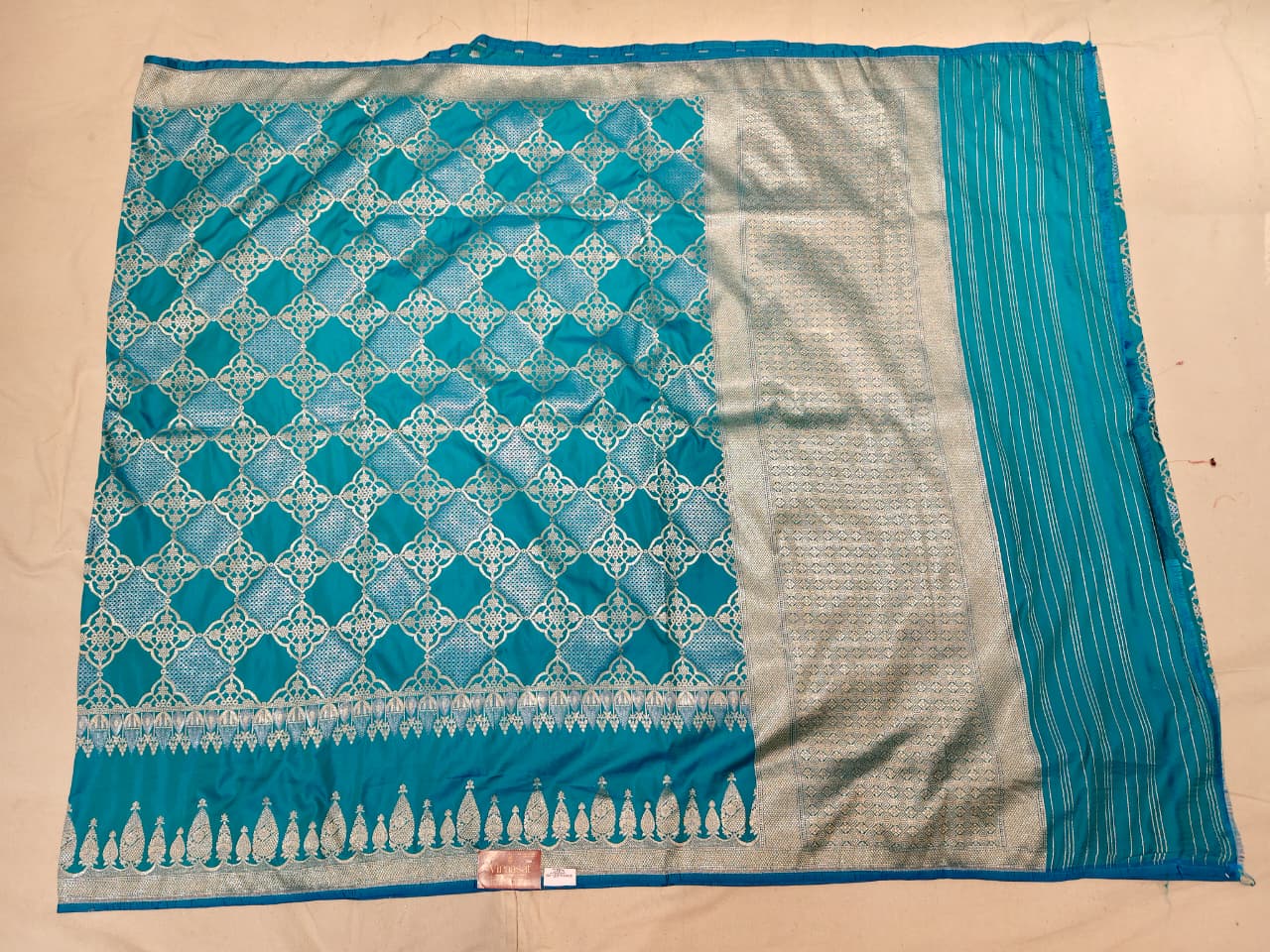 Turquoise Blue 'Diamond Lattice' Silver Zari Katan Silk Saree