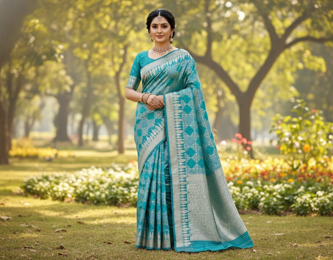 Turquoise Blue 'Diamond Lattice' Silver Zari Katan Silk Saree