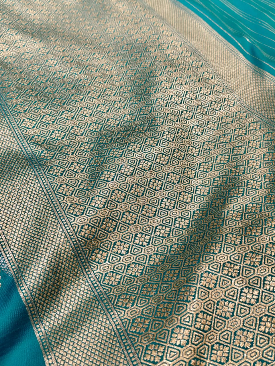 Turquoise Blue 'Diamond Lattice' Silver Zari Katan Silk Saree