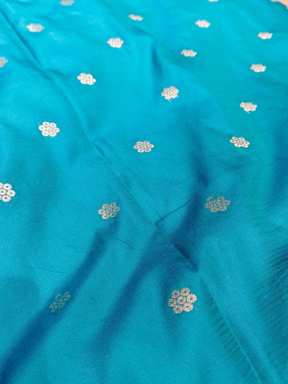 Turquoise Blue 'Diamond Lattice' Silver Zari Katan Silk Saree