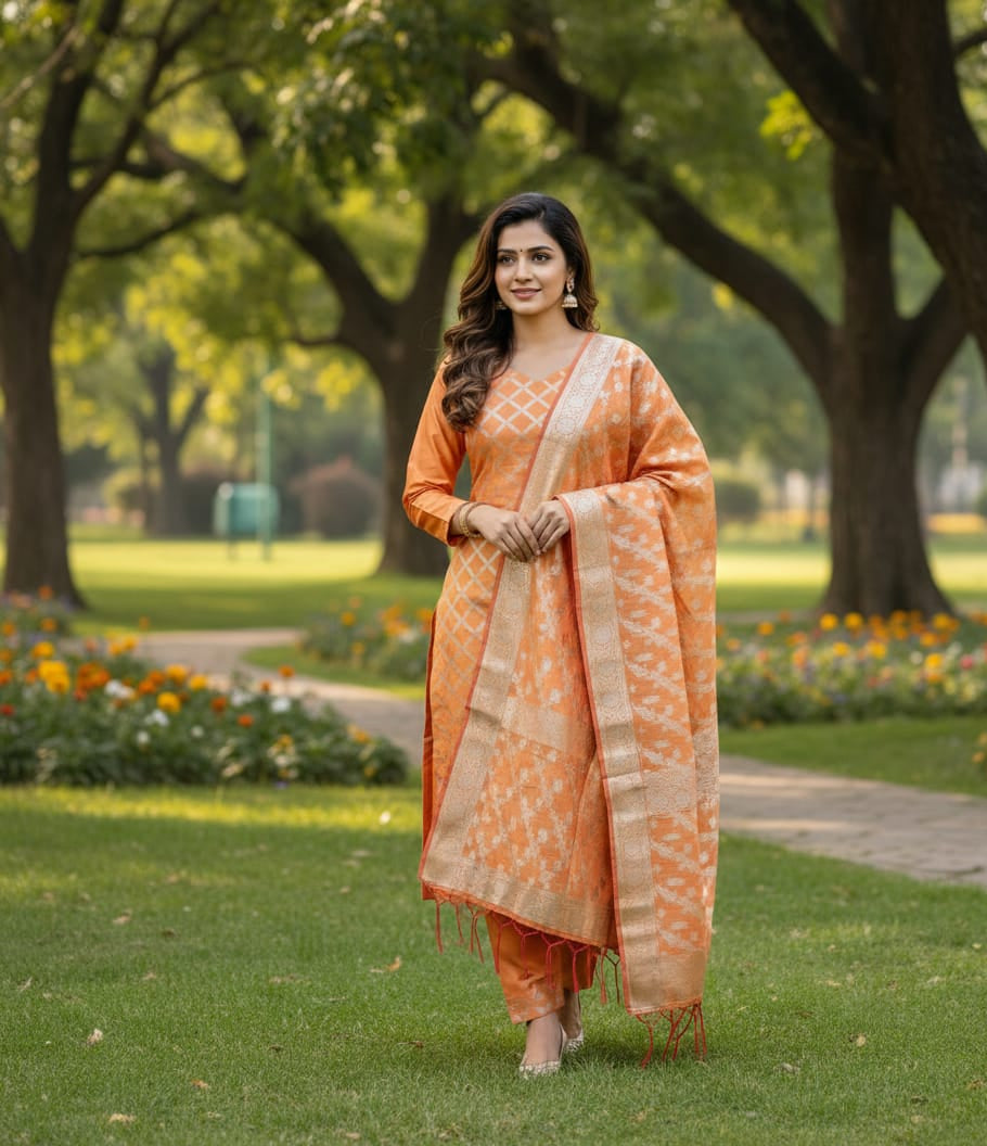 Sunset Orange 'Silver Lattice' Banarasi Unstitched Suit Set