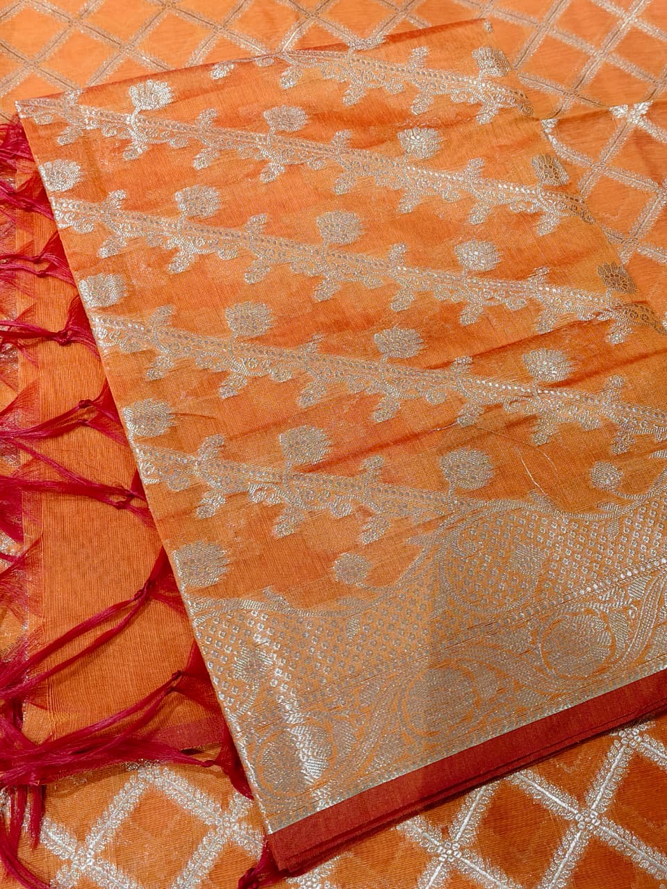 Sunset Orange 'Silver Lattice' Banarasi Unstitched Suit Set