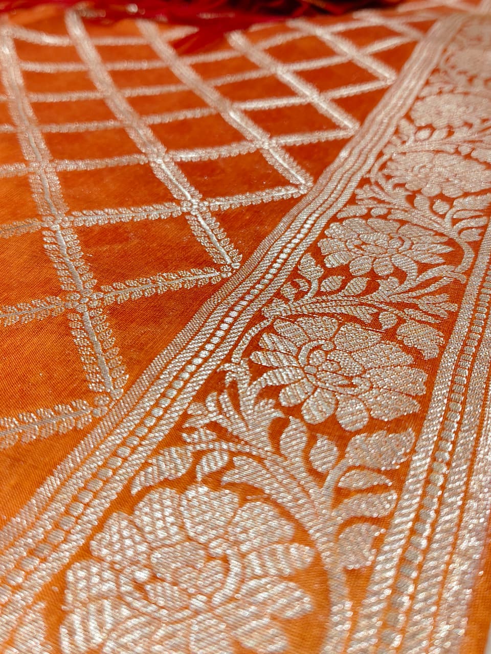 Sunset Orange 'Silver Lattice' Banarasi Unstitched Suit Set