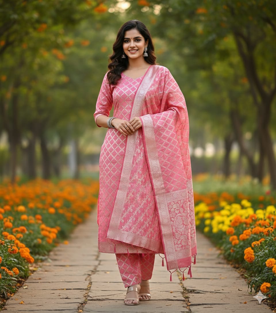Rose Blush 'Silver Lattice' Banarasi Unstitched Suit Set