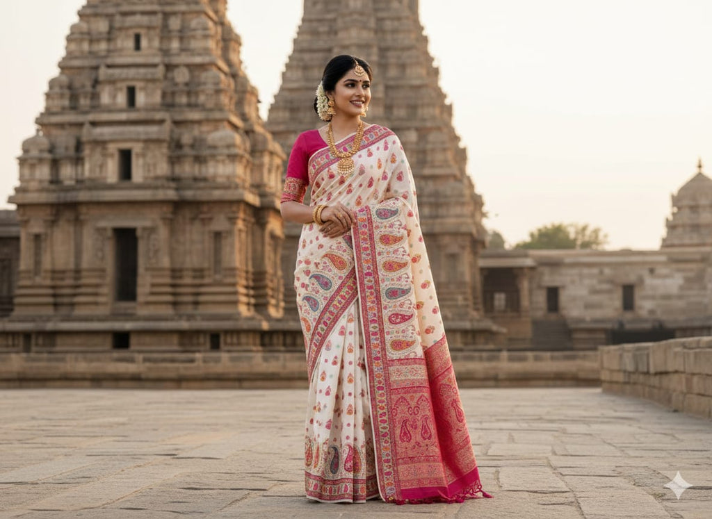 Ivory 'Rang-Mahal' Jamawar-Style Maheshwari Silk Saree