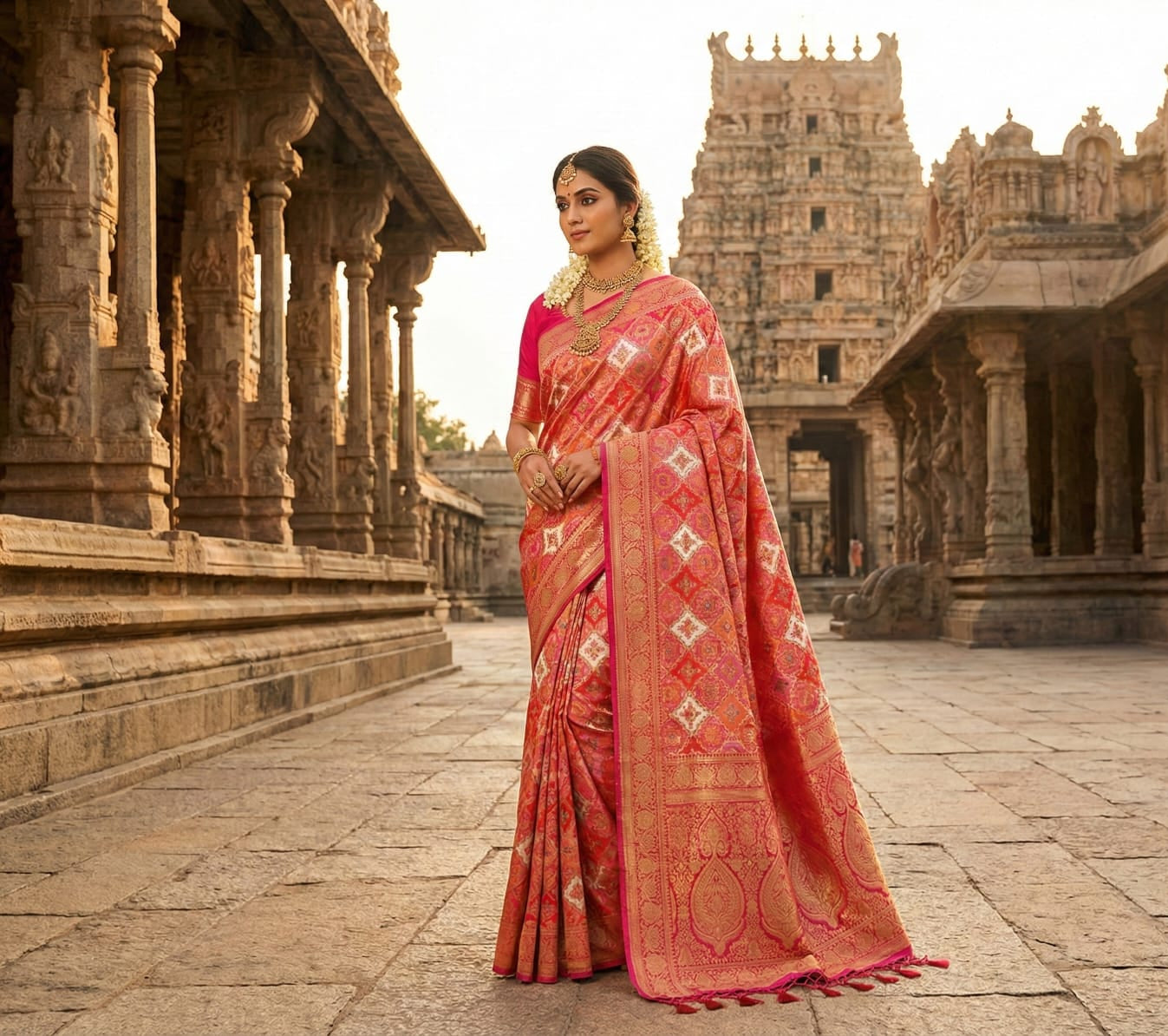 Coral Kaleidoscope Maheshwari Silk Saree