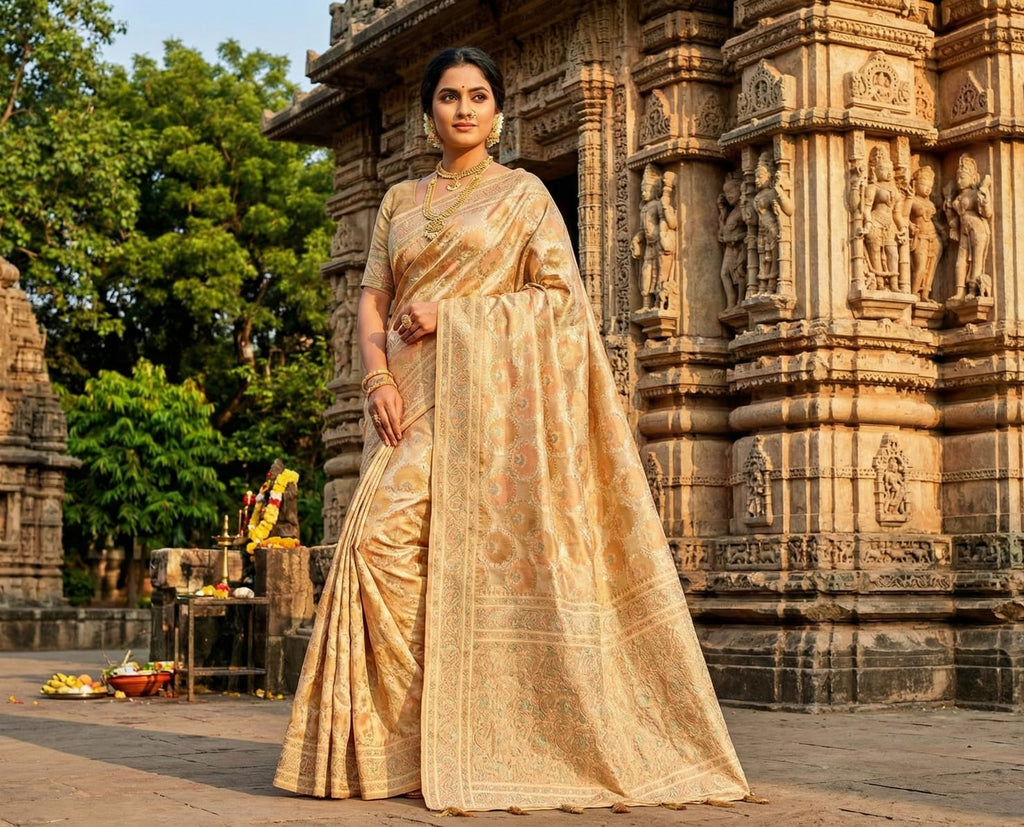 Signature Weave: Golden Biscuit Minakari Maheshwari Silk Saree