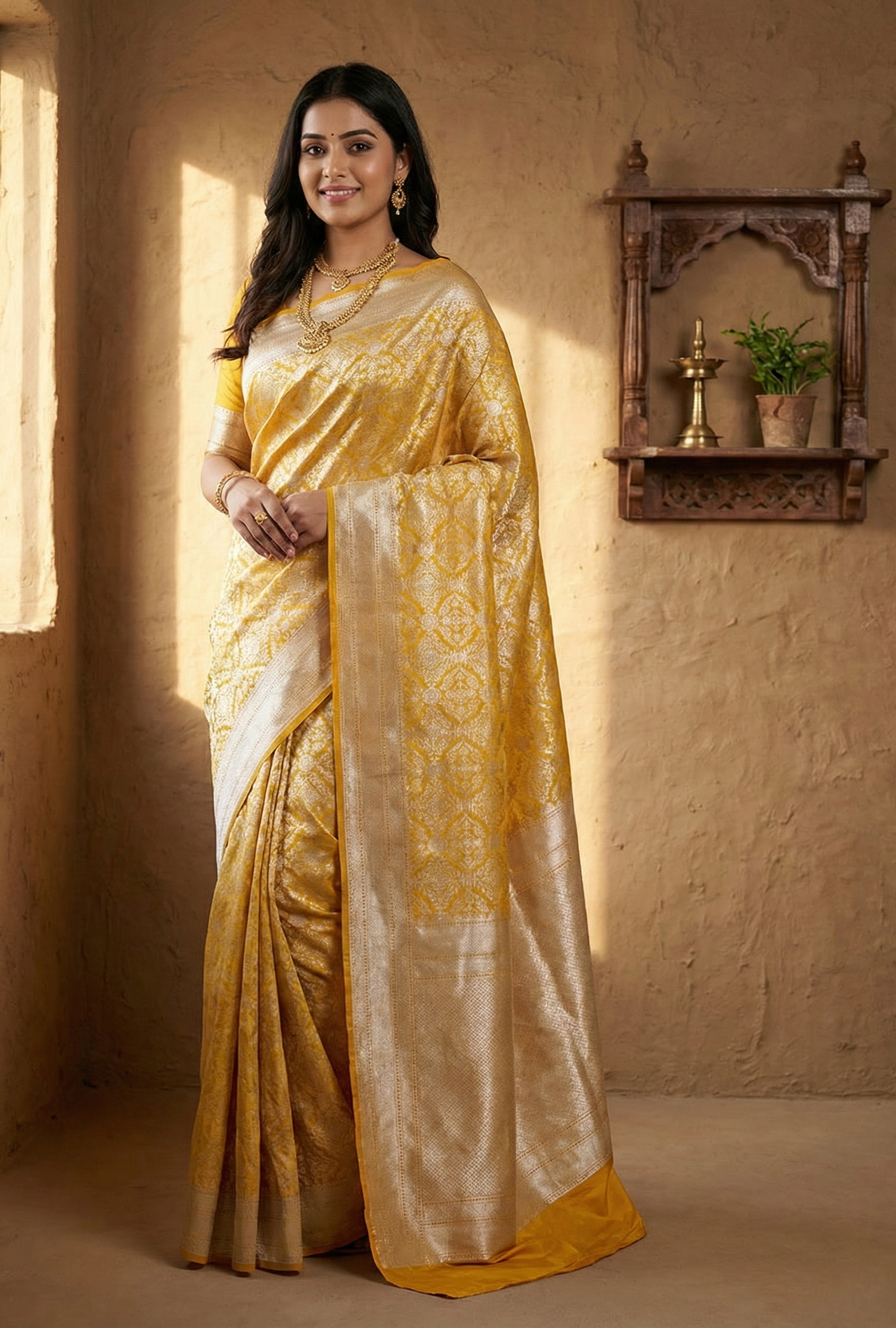 Sunshine Yellow Banarasi Tussar Silk Saree