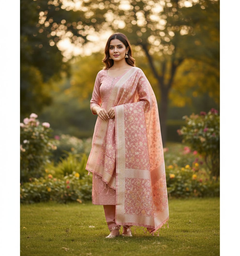Rose Gold 'Floral Vines' Minakari Tissue Silk Saree