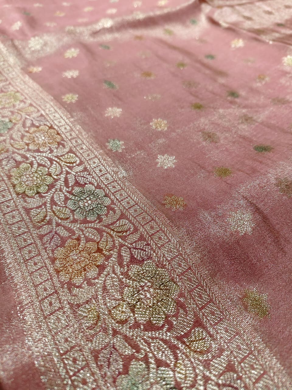 Rose Gold 'Floral Vines' Minakari Tissue Silk Saree