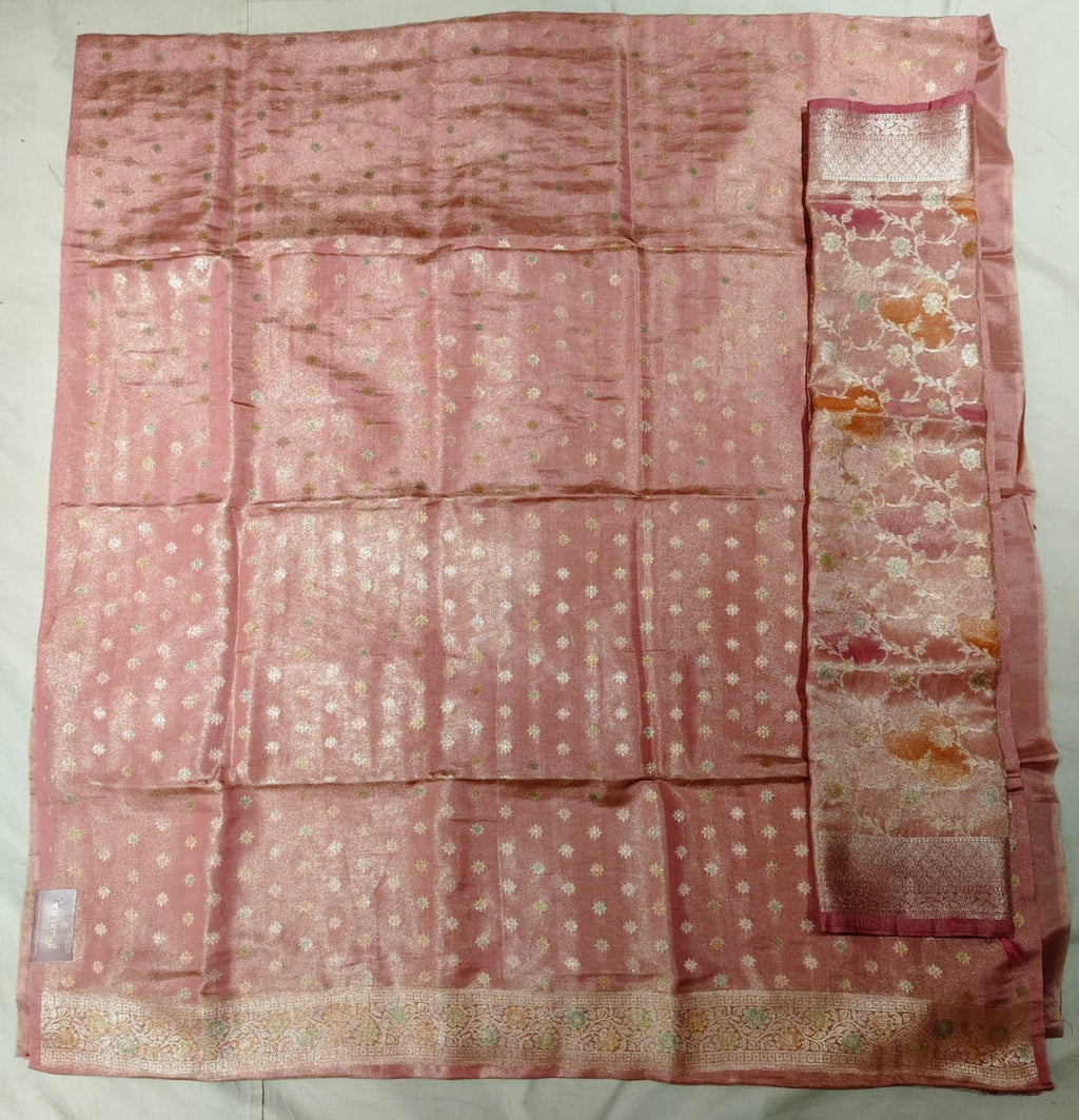 Rose Gold 'Floral Vines' Minakari Tissue Silk Saree