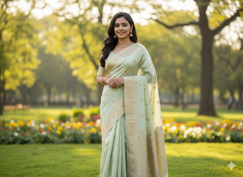 Pista Green Minakari Banarasi Tussar Silk Saree