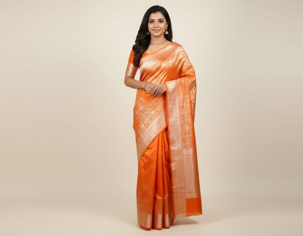 Sunset Orange Banarasi Tussar Silk Saree