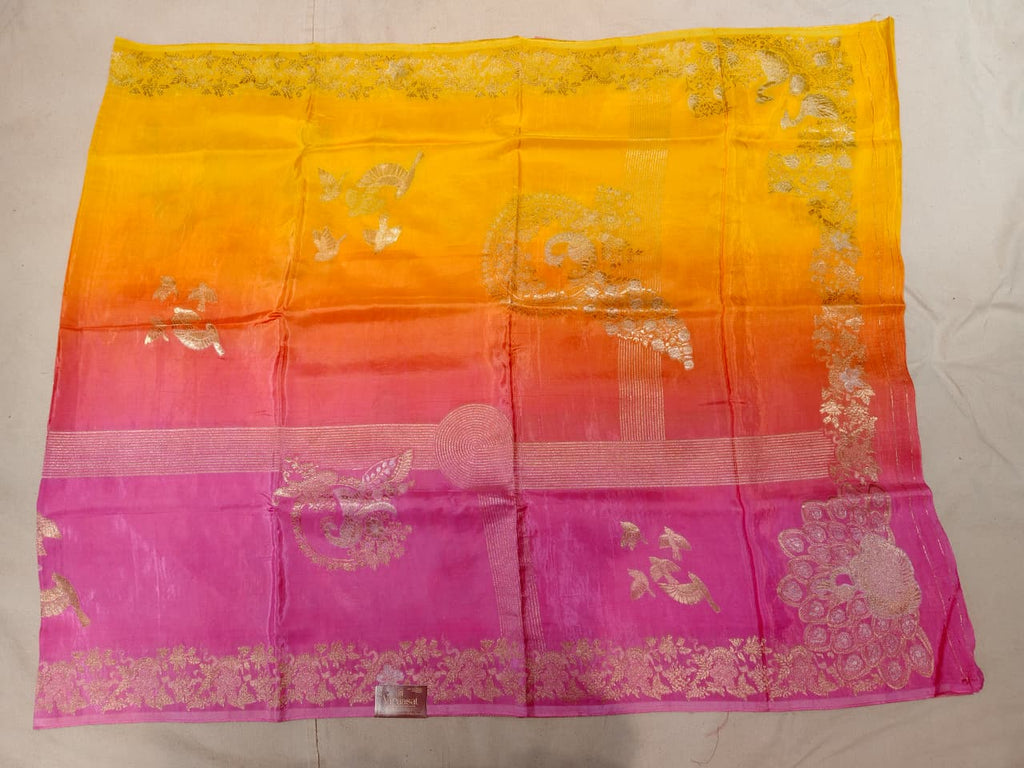 Sunset Ombre 'Royal Peacock' Banarasi Soft Russian Silk Saree