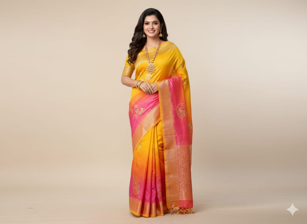 Sunset Ombre 'Royal Peacock' Banarasi Soft Russian Silk Saree