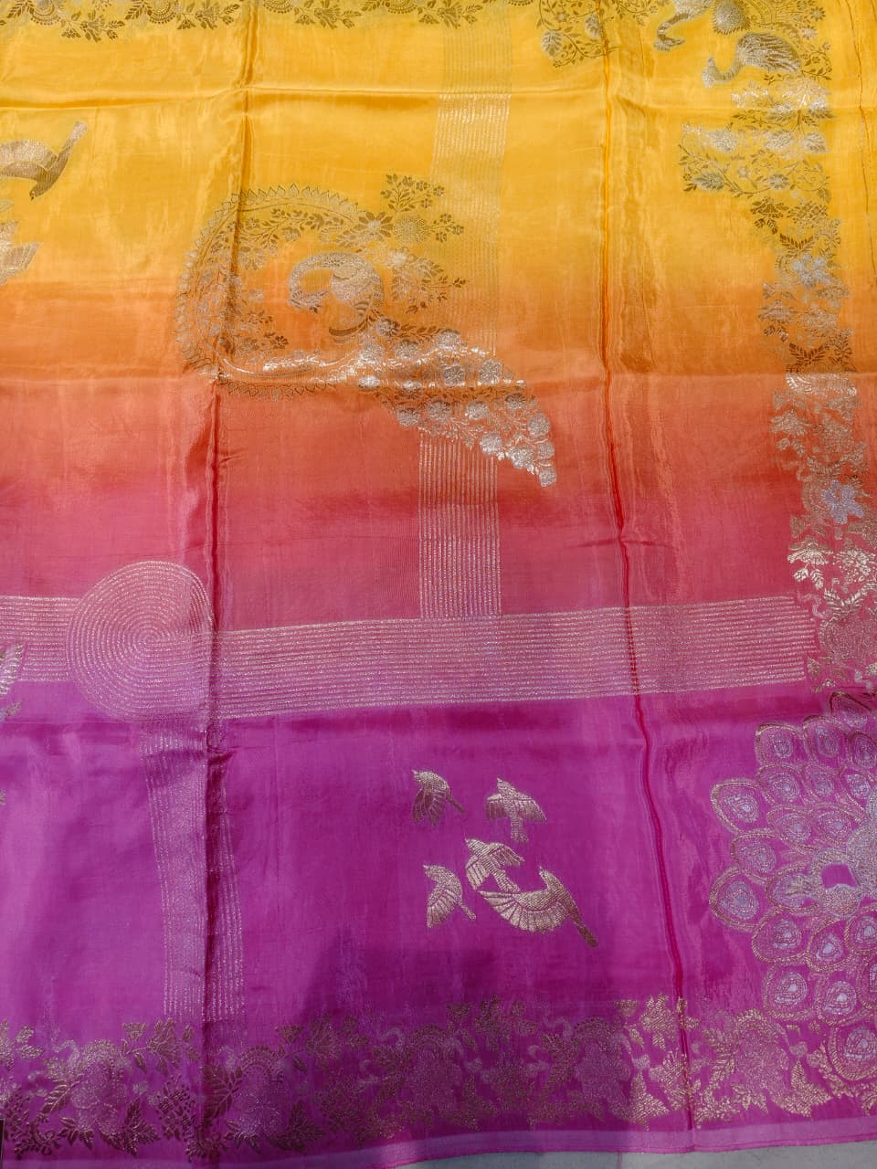 Sunset Ombre 'Royal Peacock' Banarasi Soft Russian Silk Saree