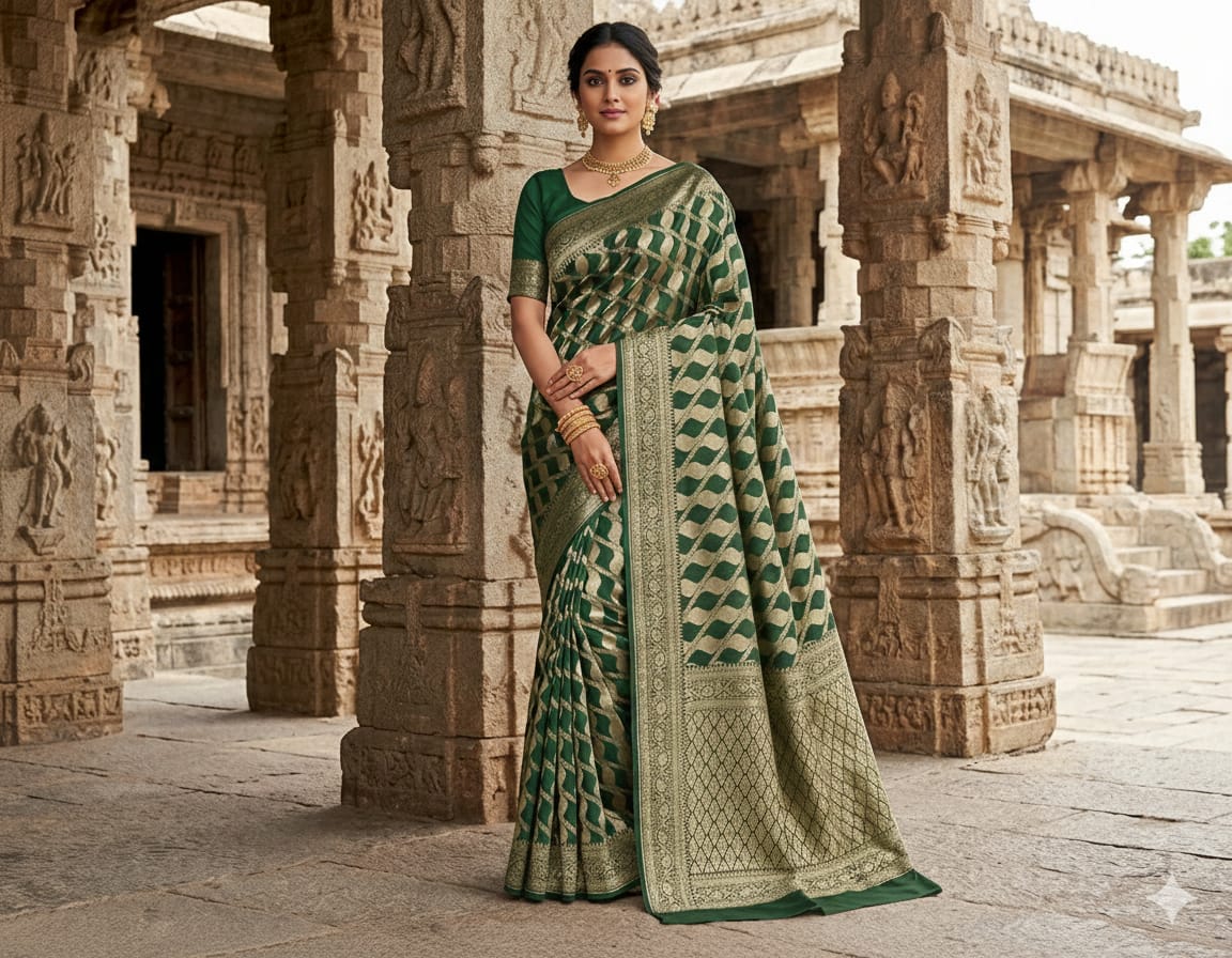 💎 The 'Forest Jewel' Mashroo Katan Saree | Heritage Geometric Weave