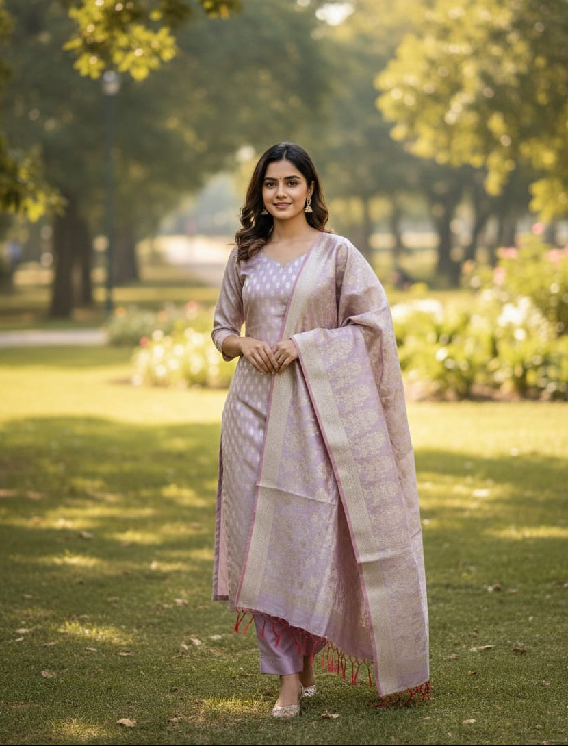 Ethereal Lilac Banarasi Cotton Unstitched Suit Set with Silver Zari Jaal