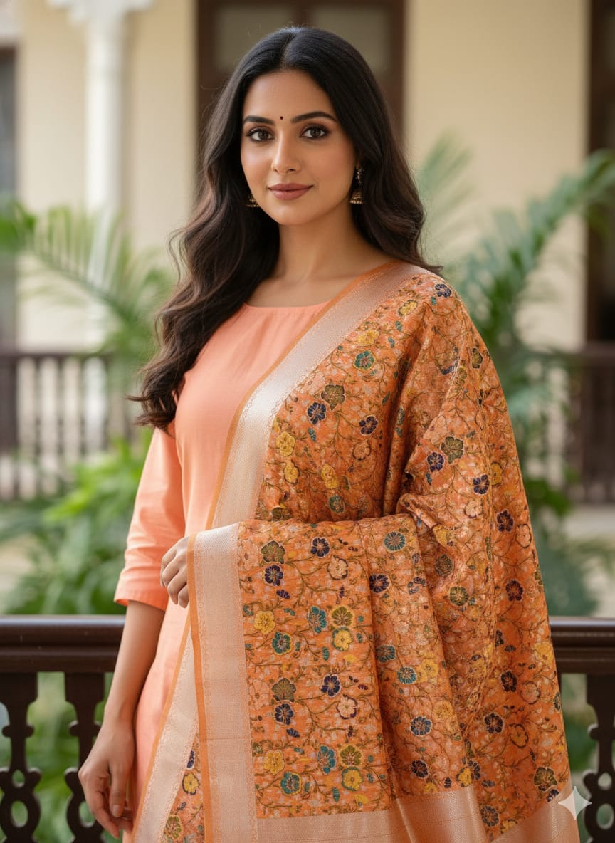 🌸 The Peach Blossom Banarasi Meenakari Dupatta